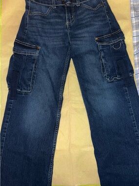 Limited Too Cargo Jeans Girls Size 10 Y2K Wide Leg Dark Wash Adjustable Waist